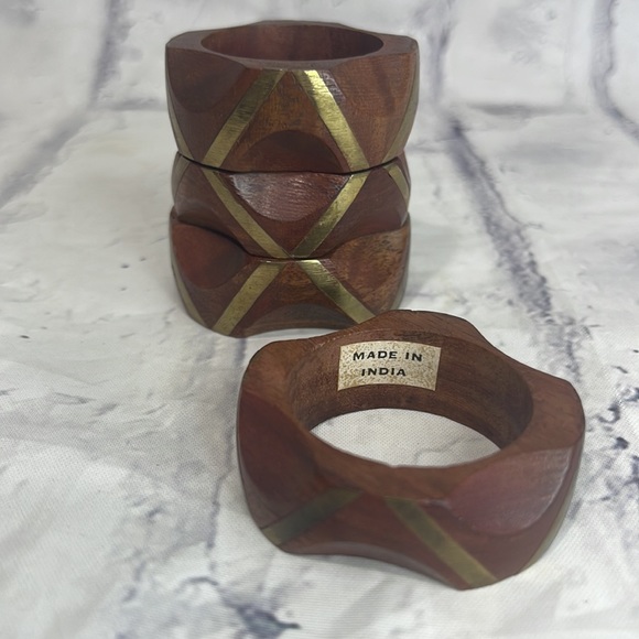 Polished Wood and Brass Napkin Rings Bohemian Set of 4 Made in India Thumbprint - Picture 3 of 5